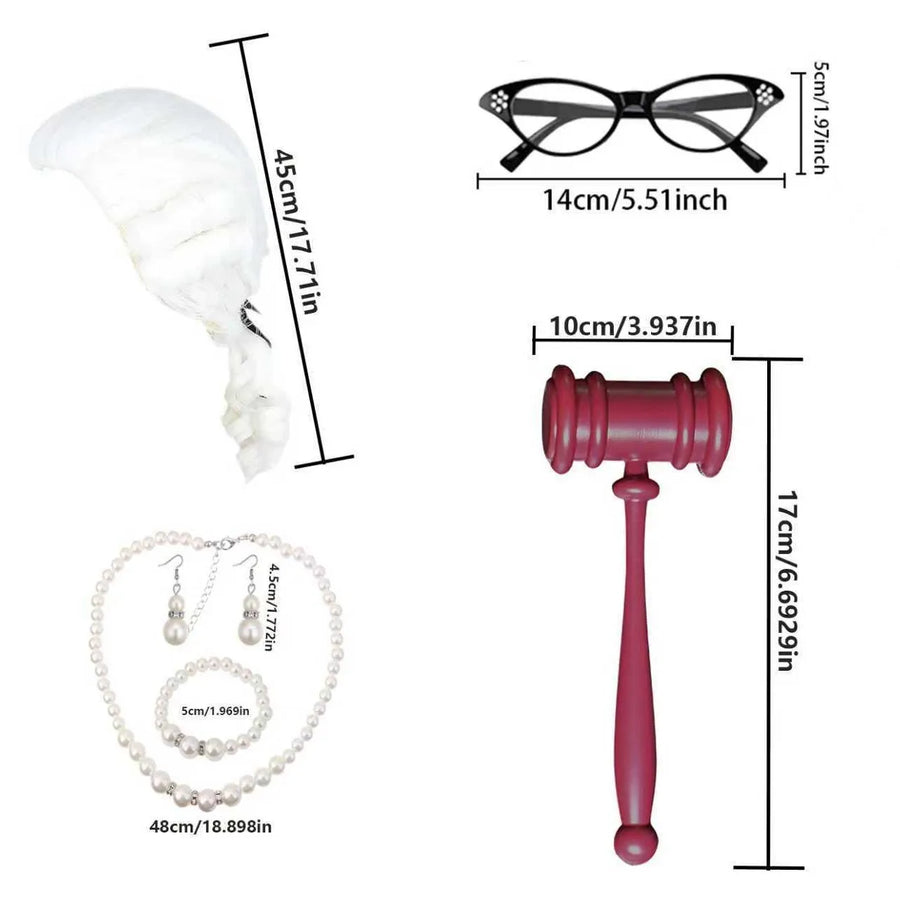 Kit Accessoires de Juge – Perruque, Marteau et Gants
