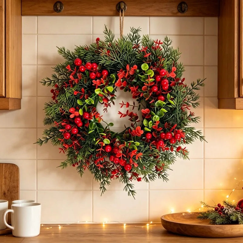 Couronne de Noël Lumineuse Pin et Eucalyptus avec Baies Rouges – vue 5
