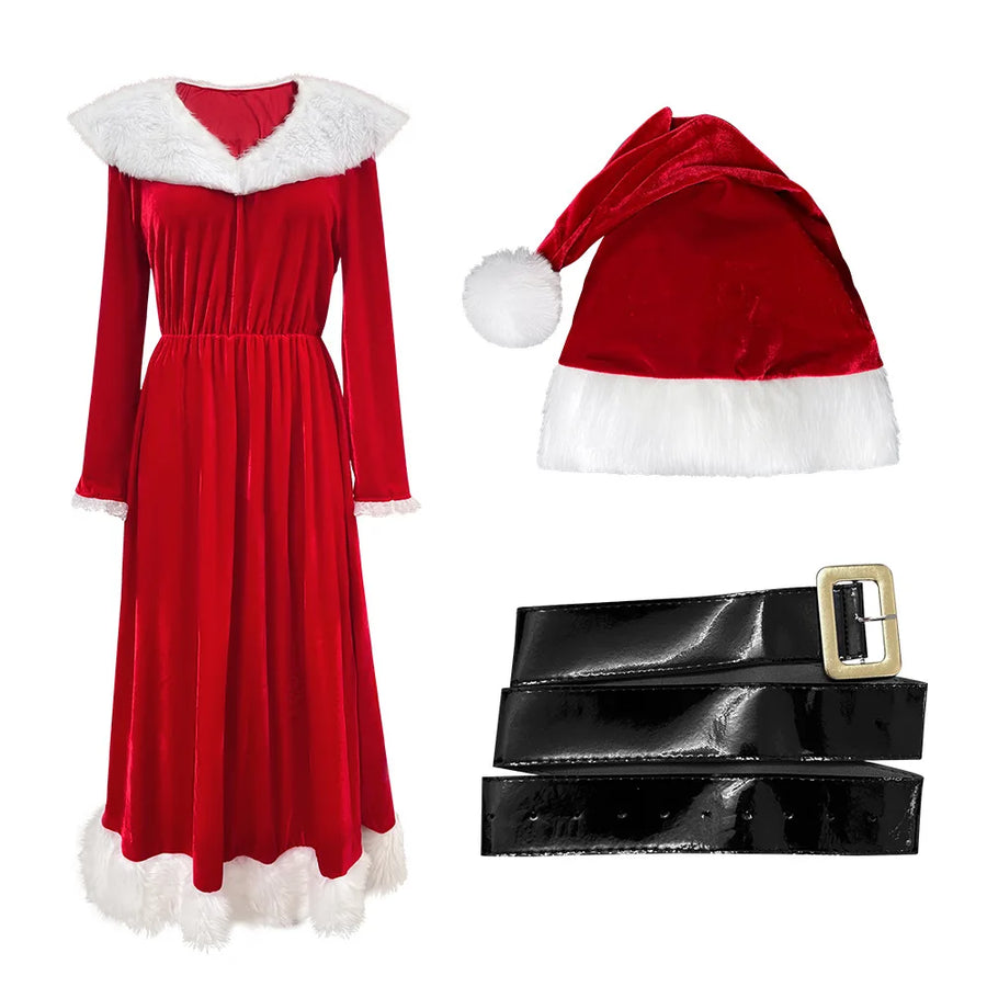 Robe Mère Noël Vintage à Manches Longues avec Bonnet