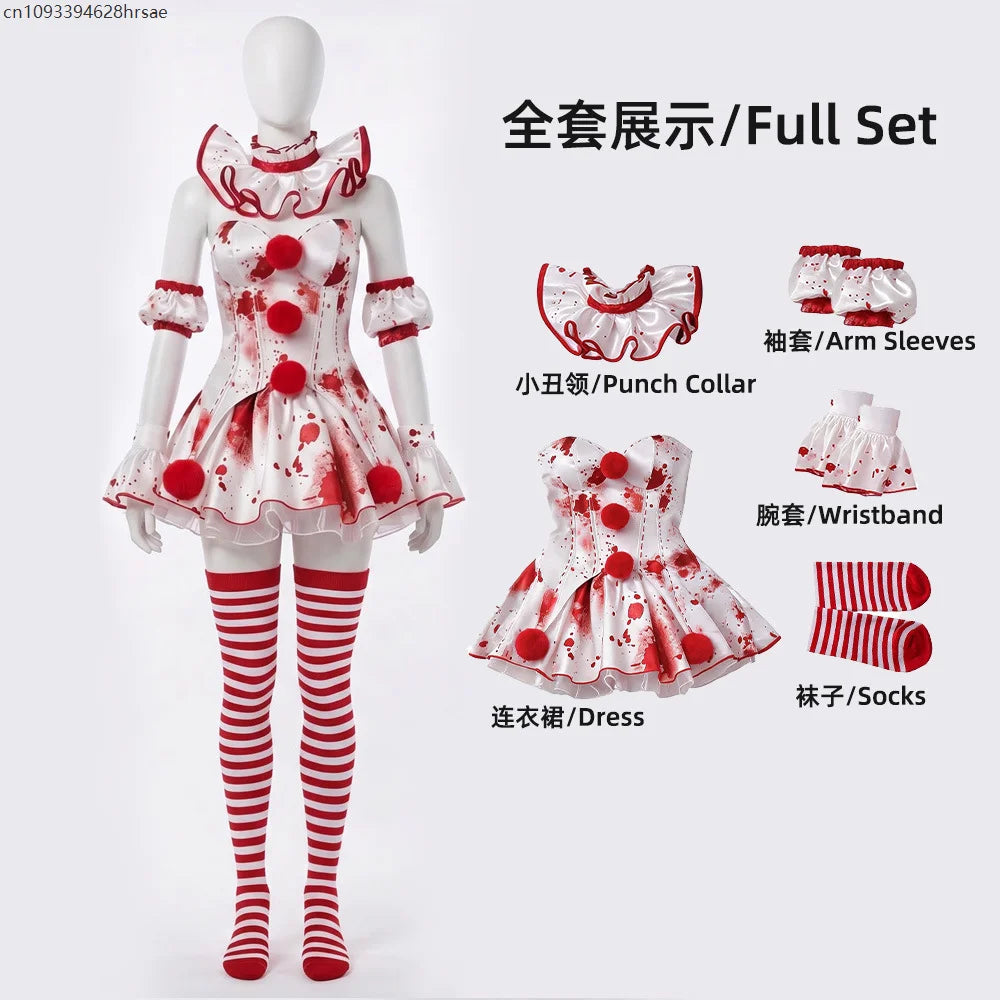 Déguisement Clown Sanglant Femme – Robe Rouge et Blanche avec Bas – vue 6