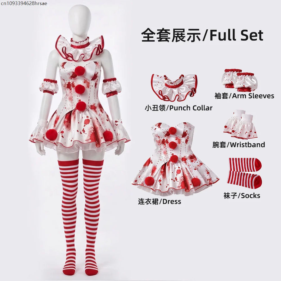 Déguisement Clown Sanglant Femme – Robe Rouge et Blanche avec Bas – vue 6