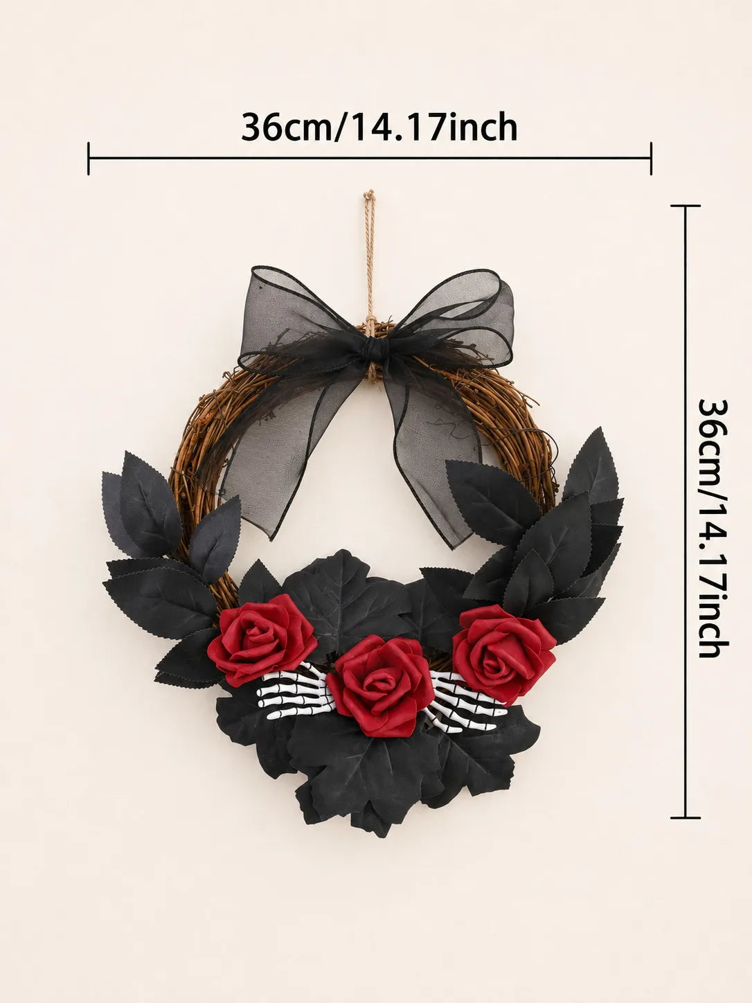 Couronne d'Halloween en Rotin - Crâne, Rose Rouge et Squelette – vue 6