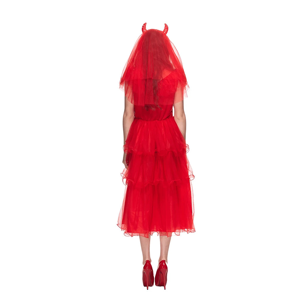 Déguisement Mariée Diablesse Rouge avec Voile à Cornes