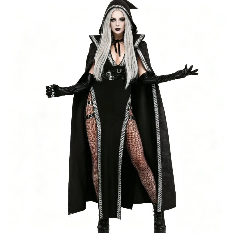 Costume Sorcière Noire avec Cape, Robe et Gants – M à XL
