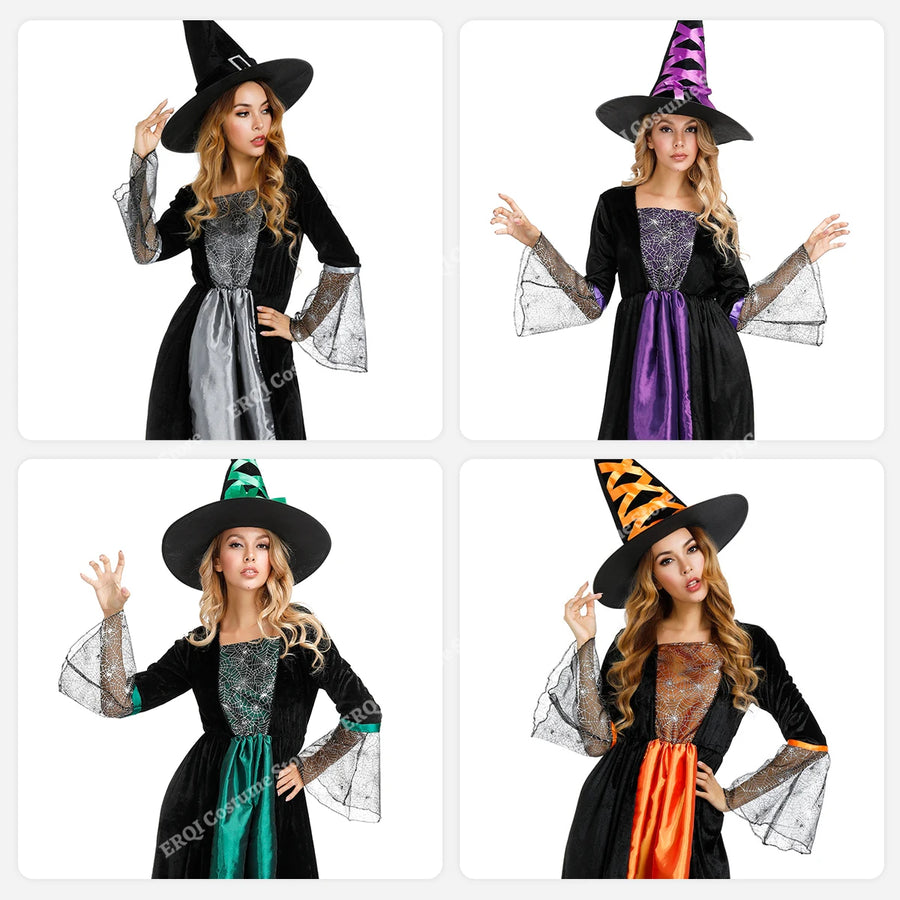 Robe de Sorcière Violette à Manches en Dentelle avec Chapeau
