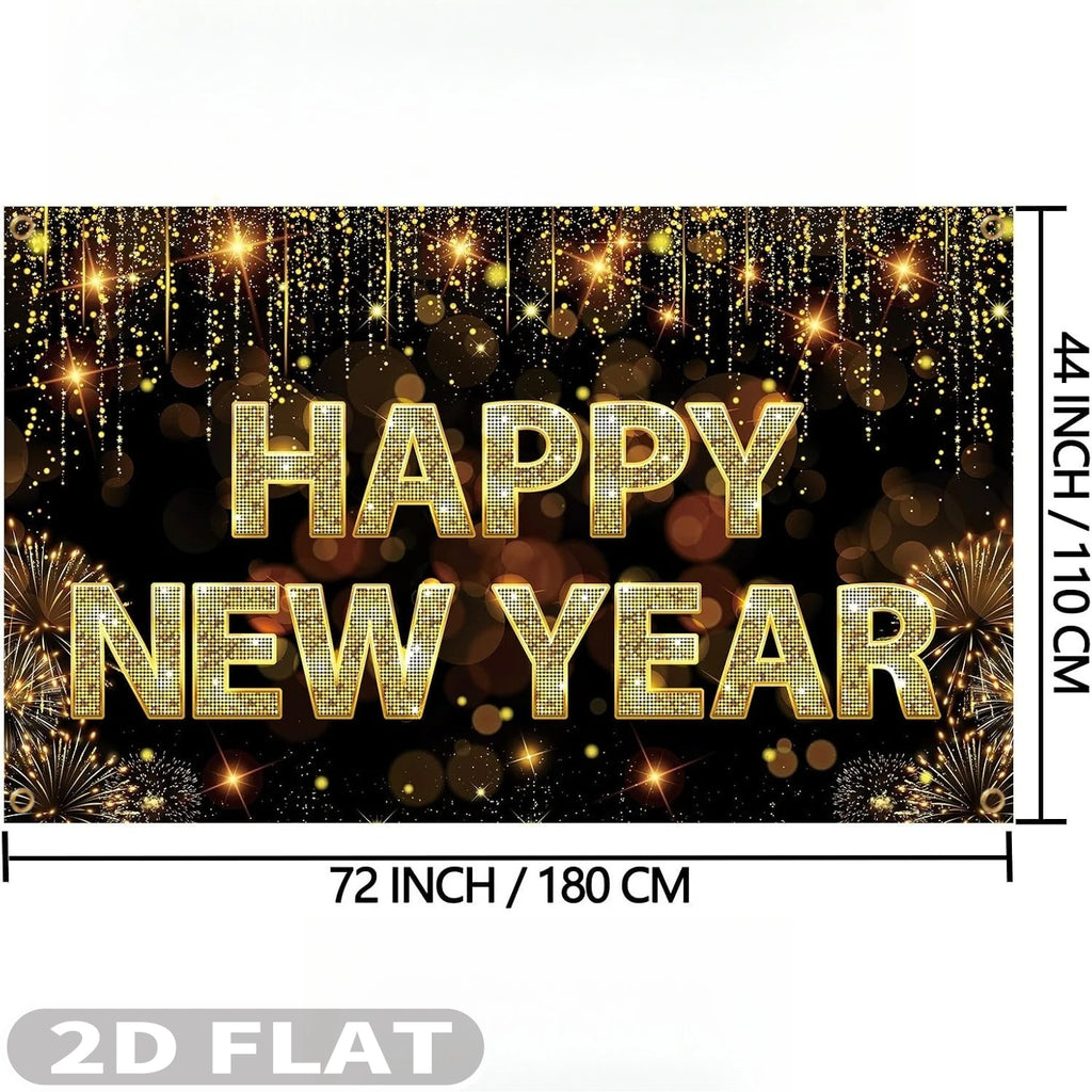Fond Photo Bonne Année 2026 – Noir et Or, 110 × 180 cm