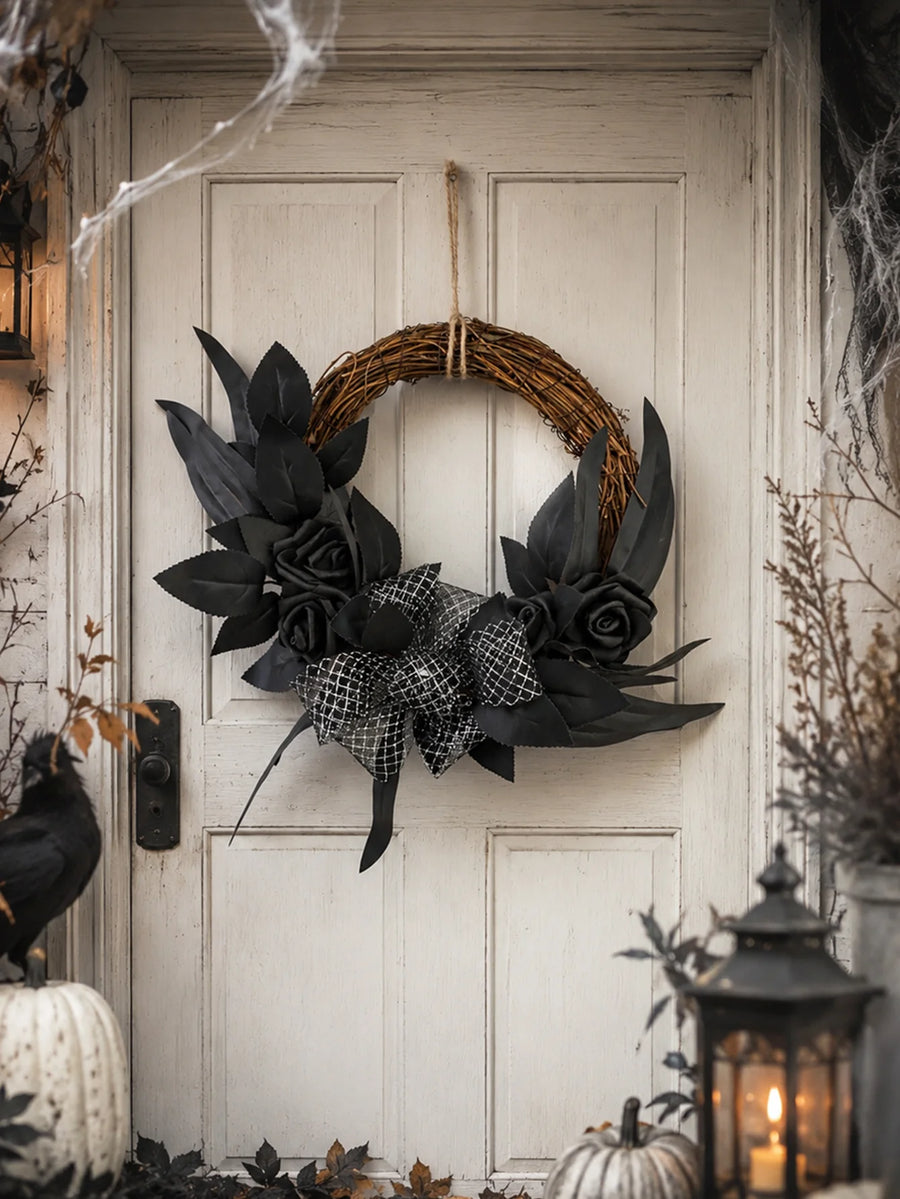 Couronne d'Halloween en Rotin - Crâne, Rose Rouge et Squelette – vue 3
