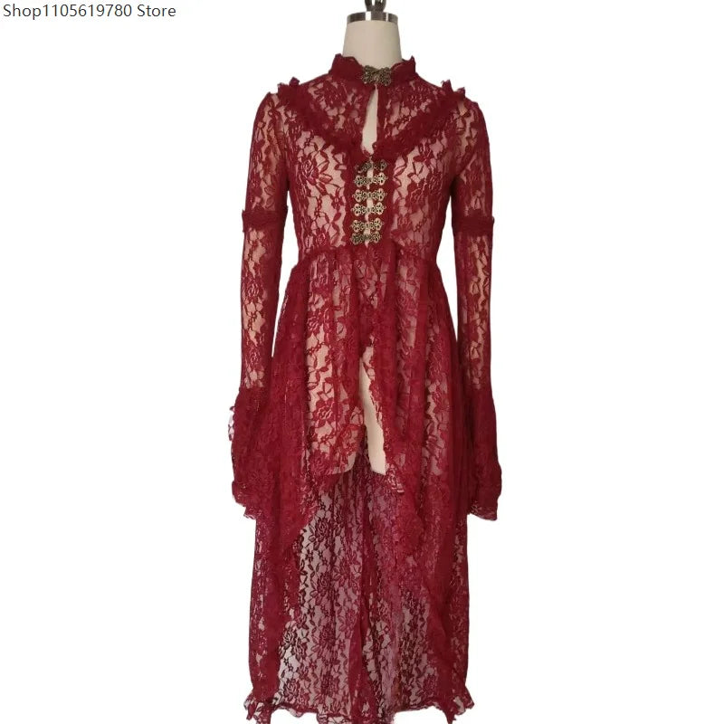 Robe Longue Gothique Médiévale en Dentelle Fleurie – vue 3