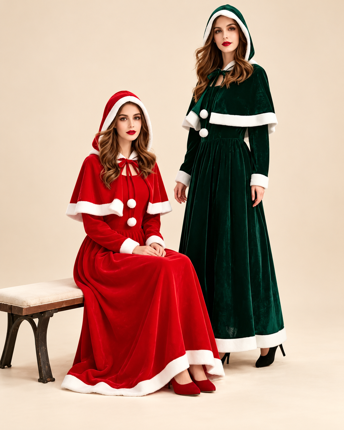 Robe Longue de Noël à Capuche Femme – Rouge ou Verte — photo premium studio