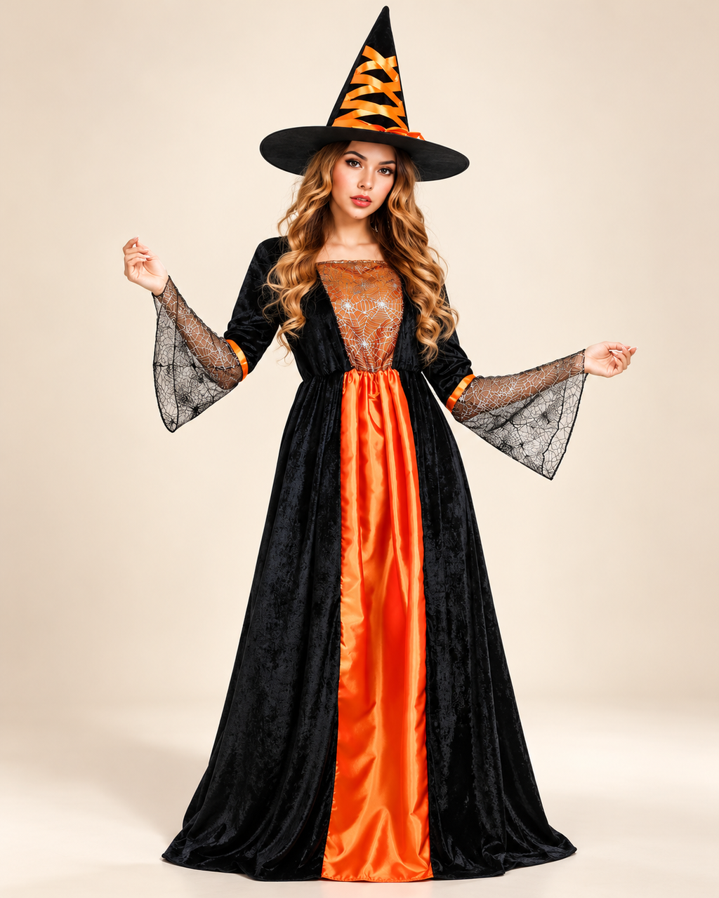 Robe de Sorcière Femme à Manches en Dentelle Araignée avec Chapeau — photo premium studio